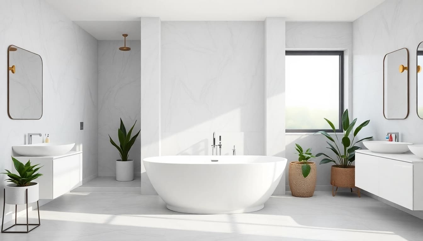 Enhance your bathroom renovations near me with a modern tub and stylish tile design.