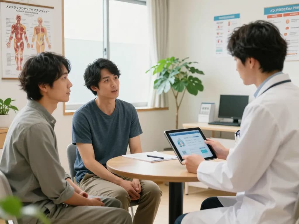 メンズライフクリニックの口コミレビューの相談室、男性の患者が医師と健康について話し合っている現代的で温かみのある空間。