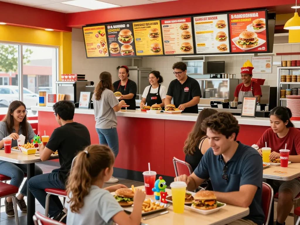 Fast food menu displayed at a bustling restaurant with customers enjoying meals.