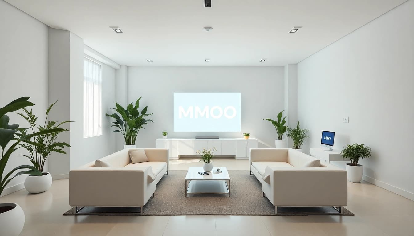 Workspace showcasing the MMOO brand with modern technology and minimalist design.