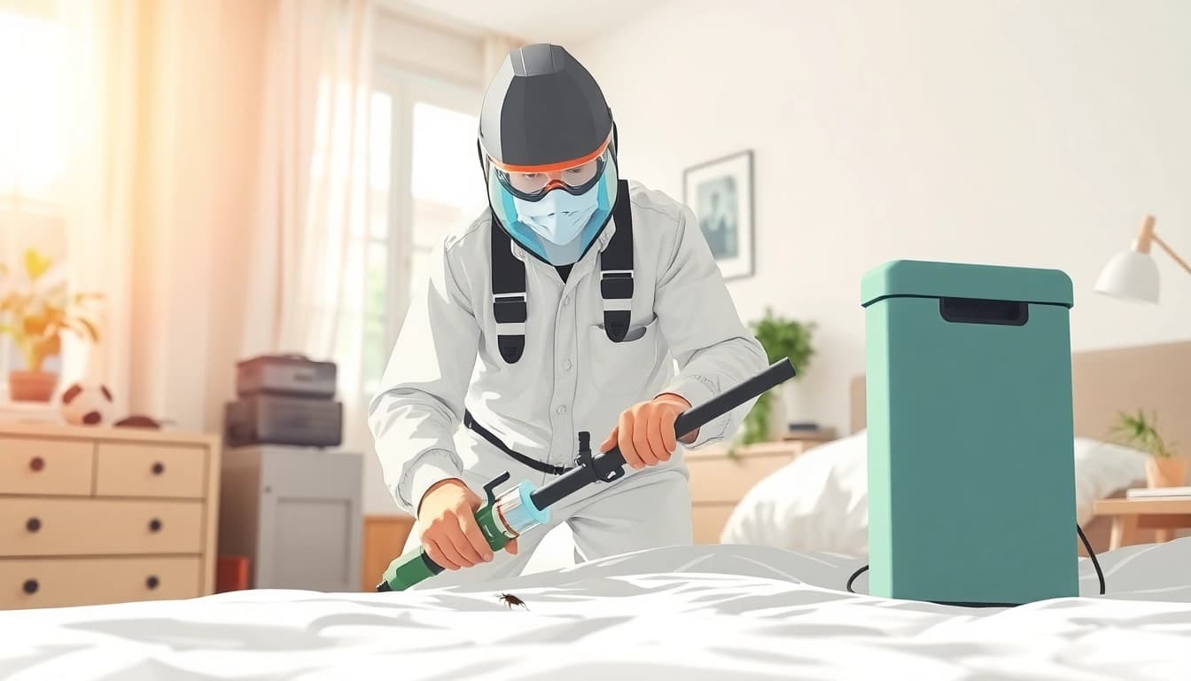 Bed bug exterminator applying treatment in a clean, organized bedroom setting with advanced equipment.