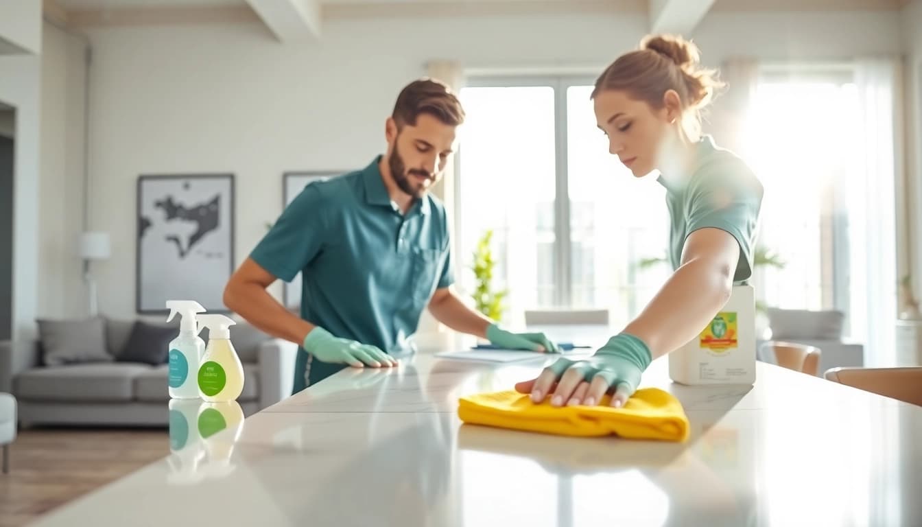 Clean and organized kitchen showcased by a professional cleaning service in action, highlighting efficiency.