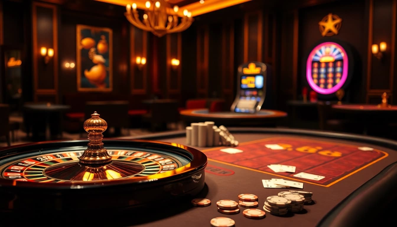 Experience the thrilling atmosphere of rr88 with luxurious casino elements like roulette and poker setups.