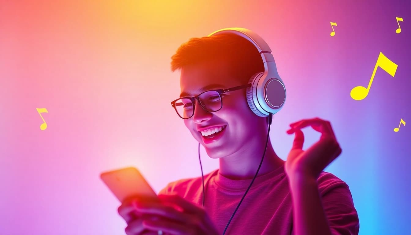 Experience MP3 downloads with a person enjoying music through headphones and a smartphone in a vibrant setting.
