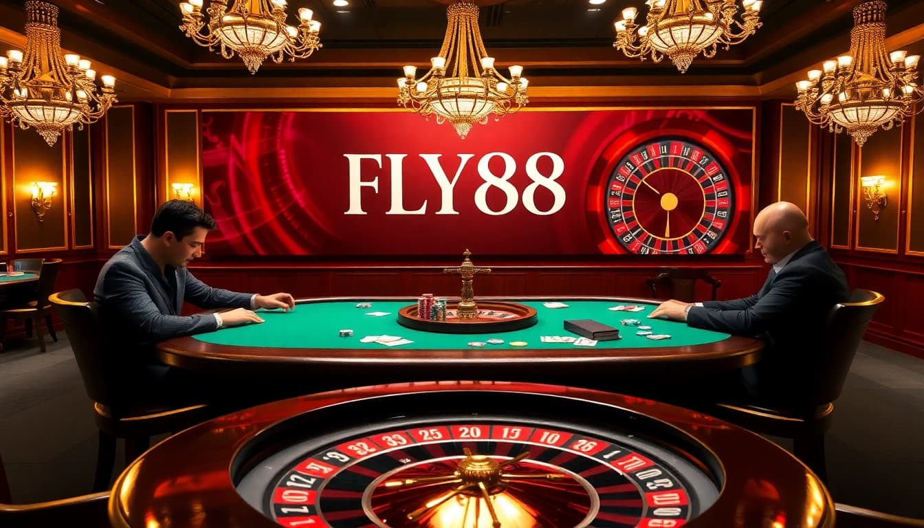Engaging gamblers at a luxurious FLY88 poker table with vibrant chips and cards.