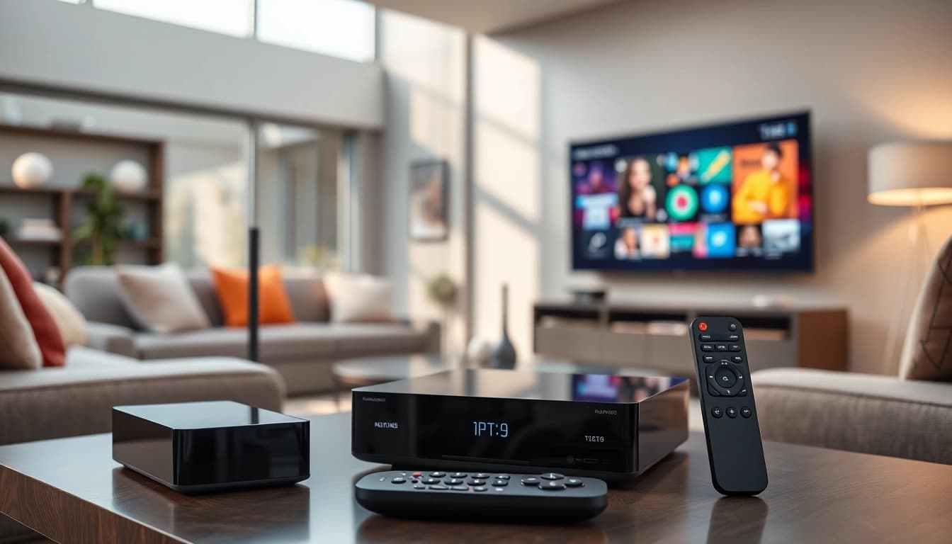 Bekijk de hoogwaardige IPTV-apparaten van https://satdeal.nl in een stijlvolle woonkamer.