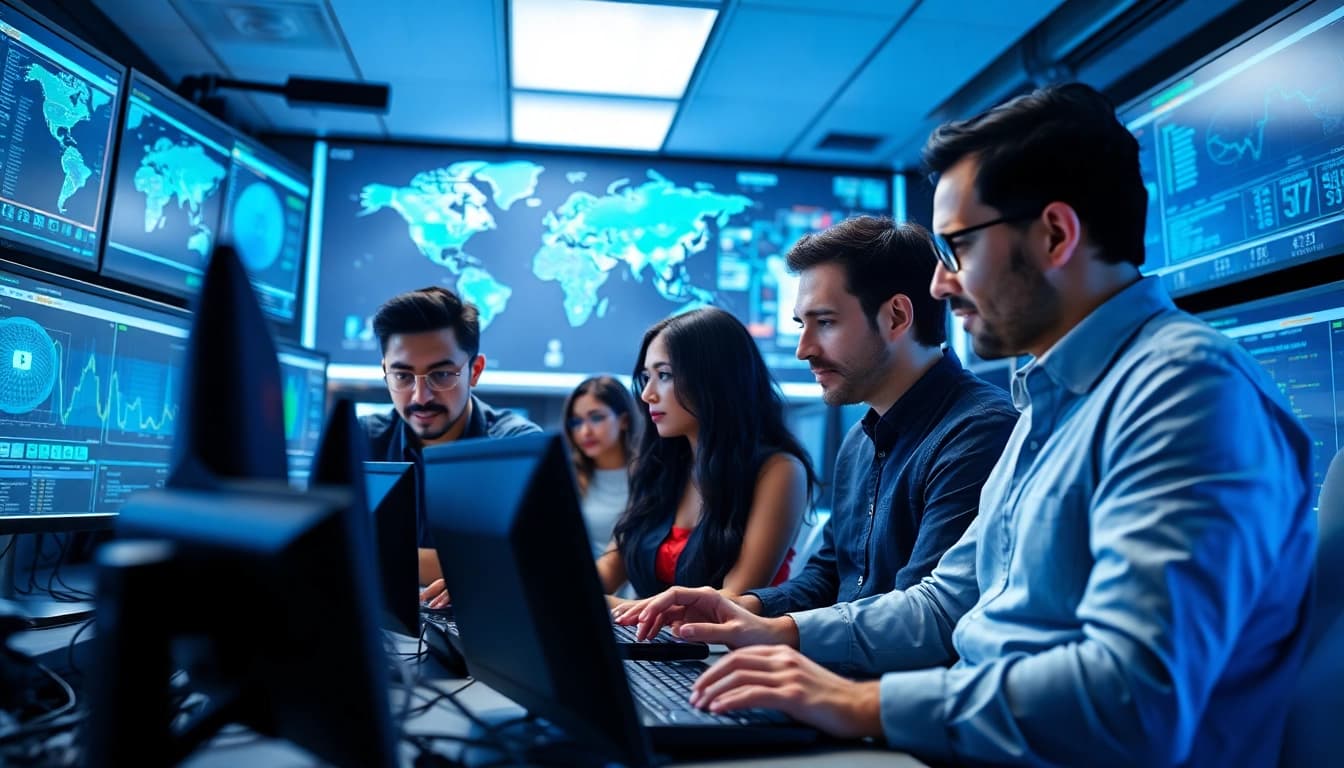 Cyberdan team actively monitoring cybersecurity threats in a high-tech environment.