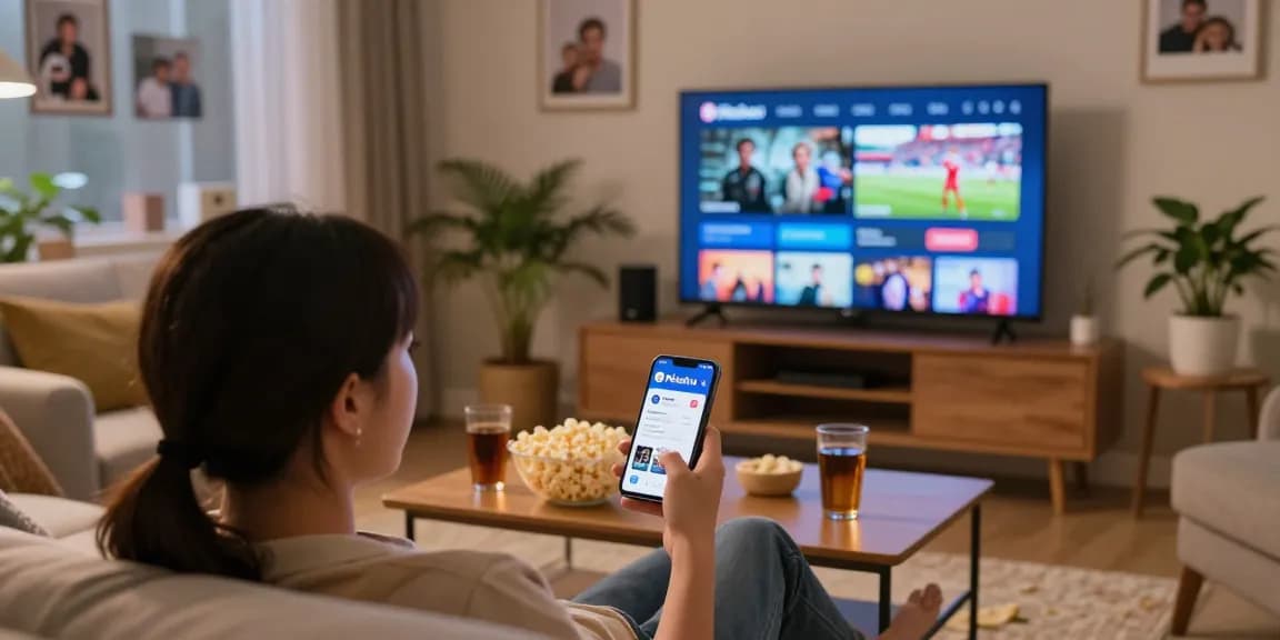 Pikashow app user enjoying movie night on a cozy couch with a smartphone, showcasing vibrant streaming options.