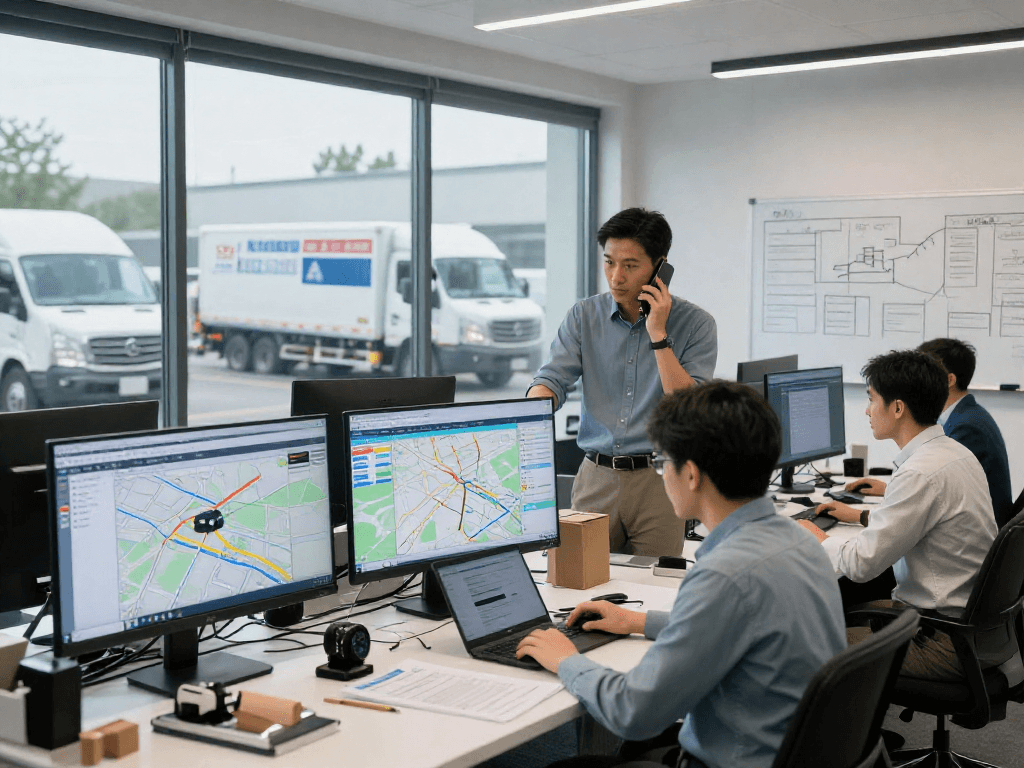 Eiltransport von Dortmund: Mitarbeiter in modernen Logistikbüro am Telefon und mit digitalen Karten für Transportkoordination.