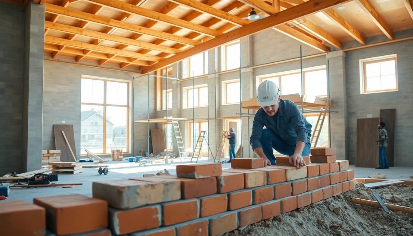 Find good builders near me working on a house construction project in a lively environment.