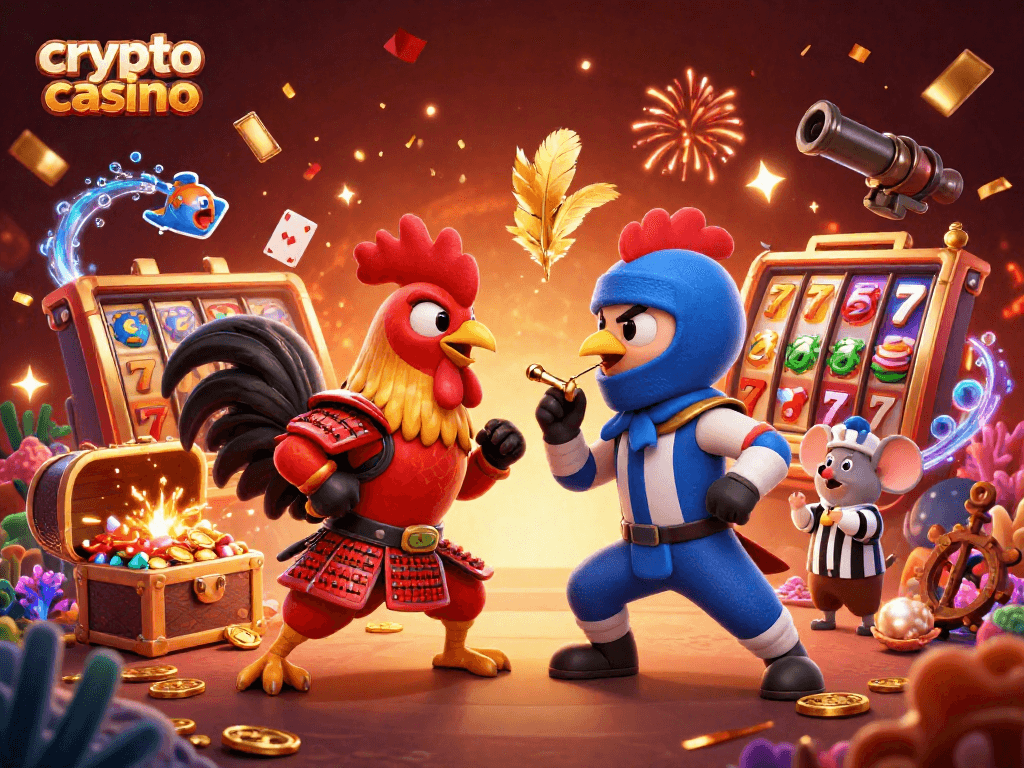 Gagnez au crypto casino avec des personnages colorés en pleine action dans une ambiance dynamique.
