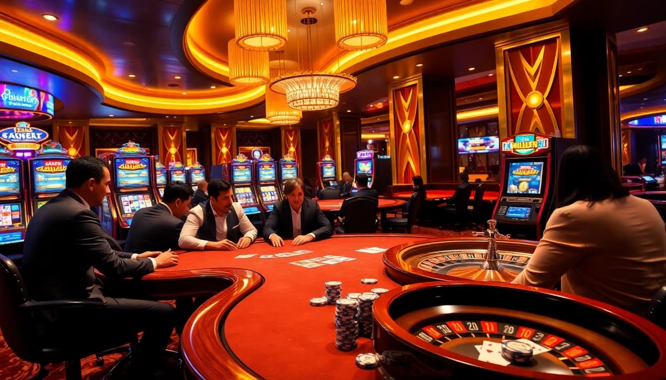 HM88 casino players engaging in an exhilarating poker game at an upscale gambling venue.