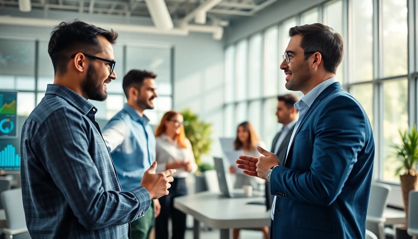 Engaging enterprise ai assistant collaborating with a team in a modern office setting.