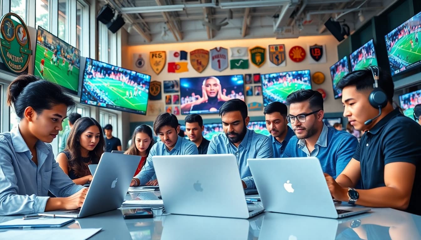 Engage with the latest updates from https://thesportstribune.in, showcasing a vibrant newsroom filled with sports journalists.