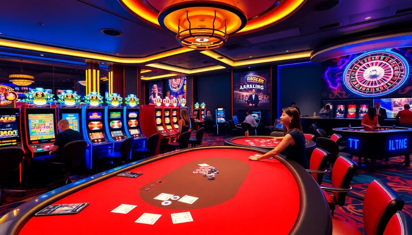 Exciting gambling scene at BIG88.BAR showcasing casino tables, slot machines, and poker chips.