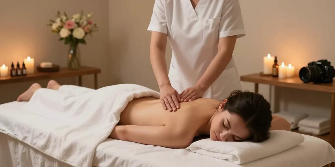 마사지 치료 중인 아로마 테라피를 받는 고객의 모습과 편안한 치료실 환경