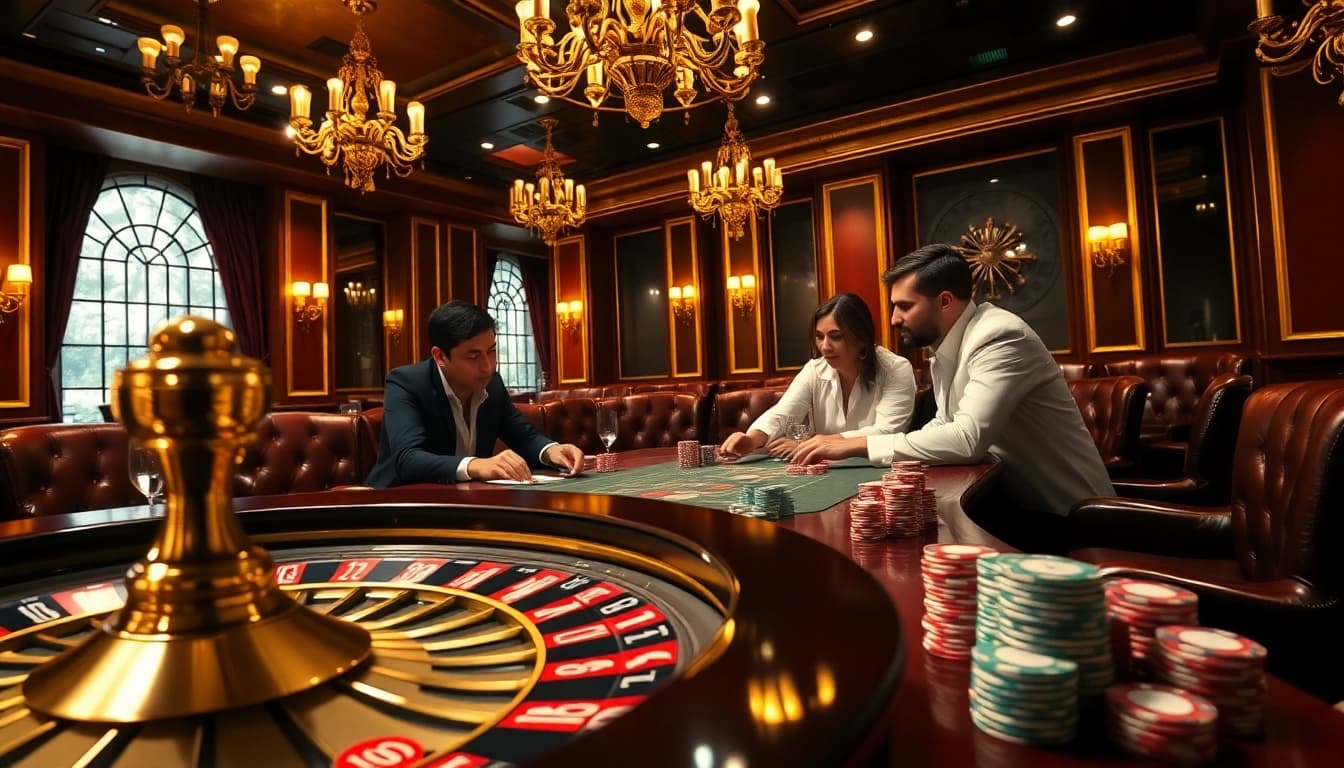 Découvrez un gameplay palpitant dans un casino en ligne avec une élégante table de poker et une roulette dynamique.