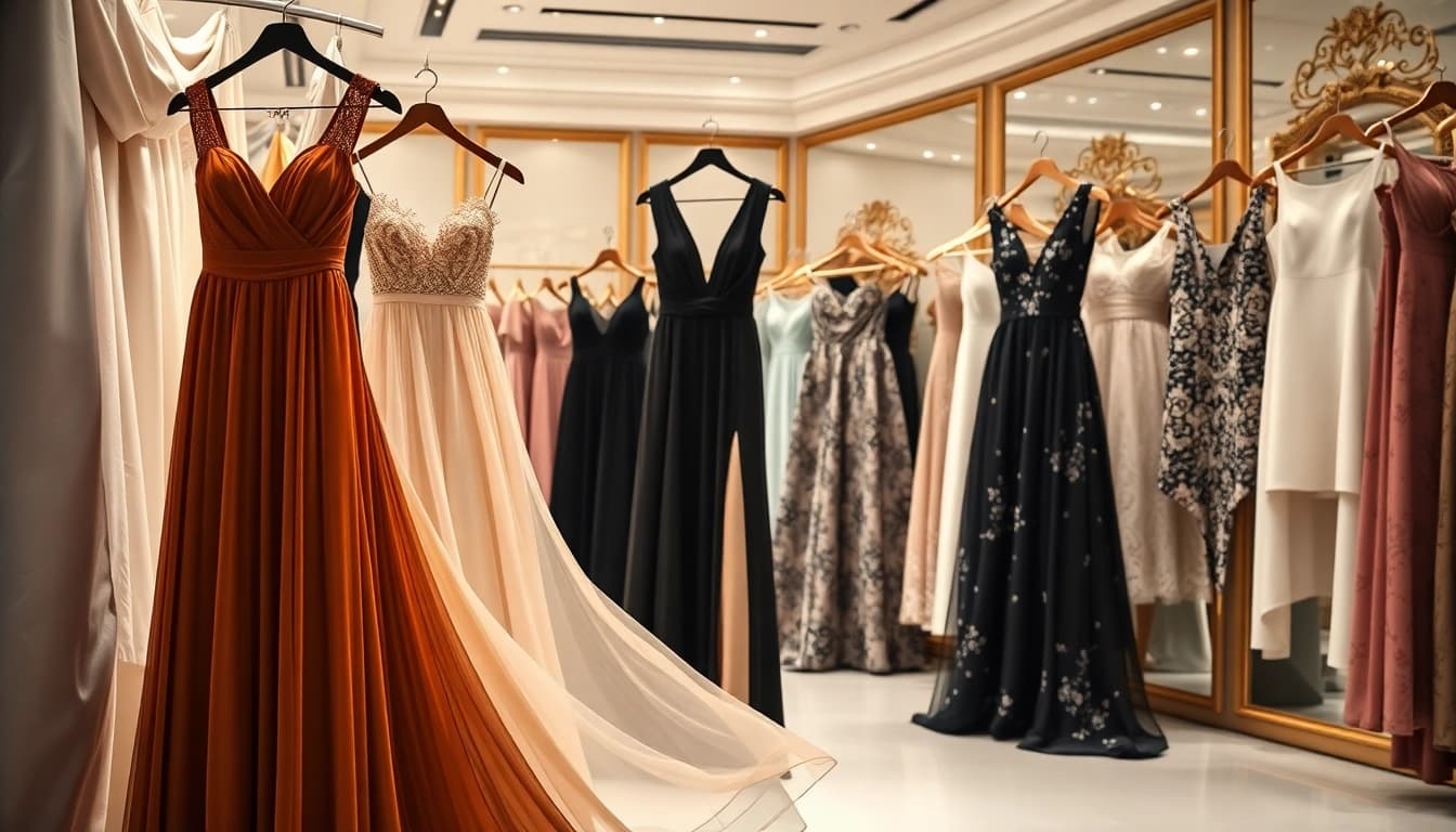Showcase stylish designer dresses in a luxurious boutique atmosphere.