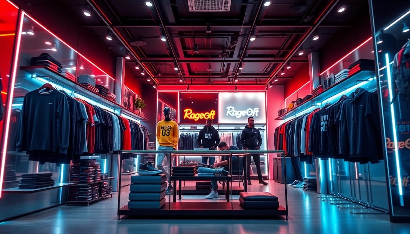 Unique fashion pieces on display at the RageOff store, blending style and modernity.