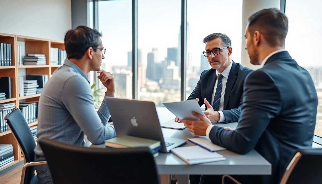 Consulting clients at https://www.atlantarealestateattorney.com, showcasing a professional real estate attorney in a modern office.