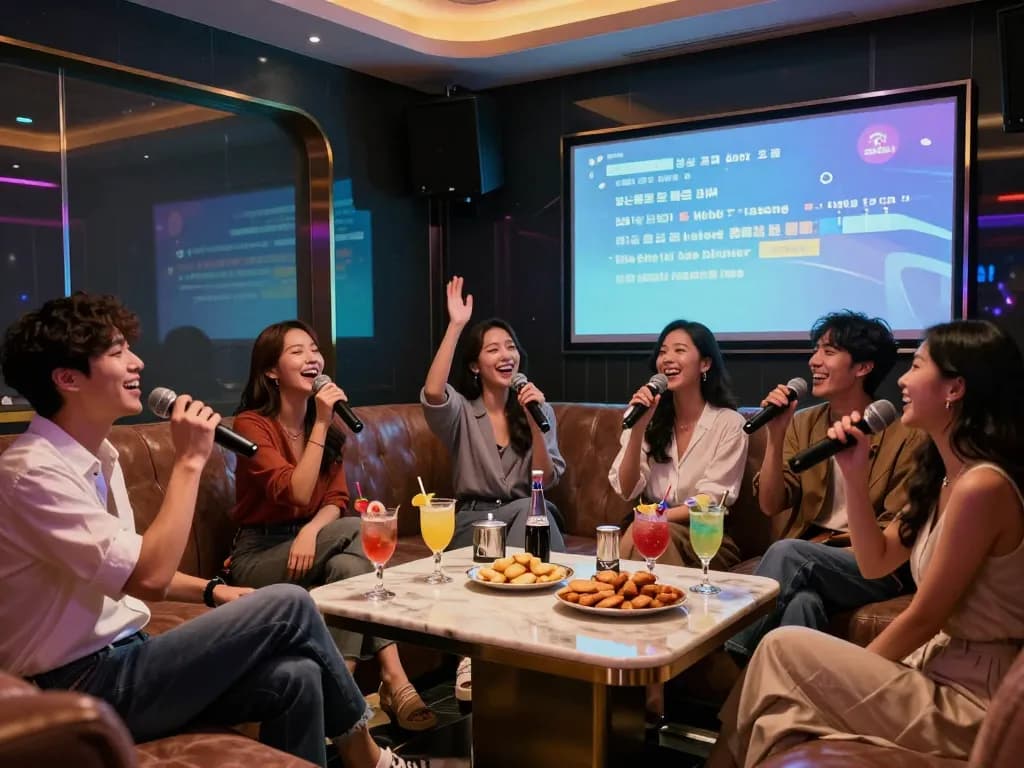 친구들과 함께 강남퍼펙트 노래방에서의 즐거운 밤을 만끽하며 활기찬 분위기와 고급 편의시설을 선보입니다.