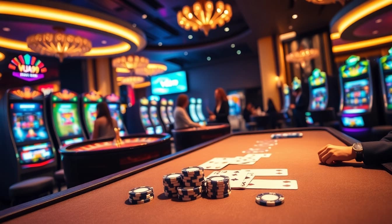 Players enjoying a thrilling gaming experience at Vua99 casino with poker chips and a roulette wheel.