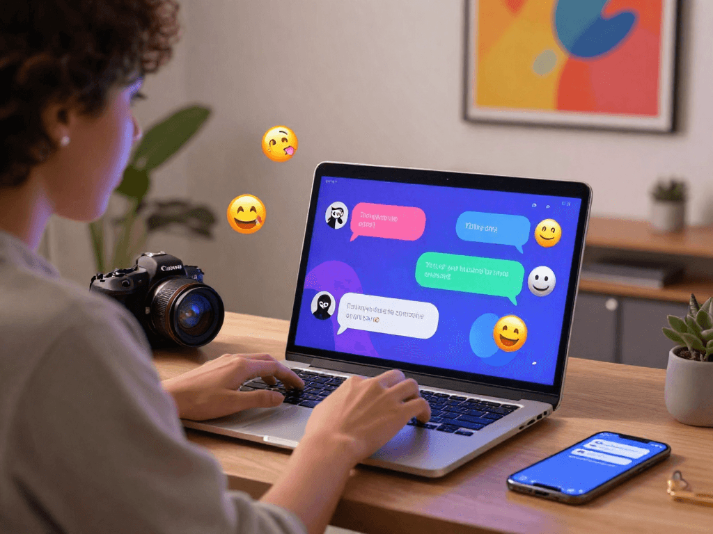 Engaging user interaction with a colorful nsfw chat bot on a laptop in a cozy workspace.