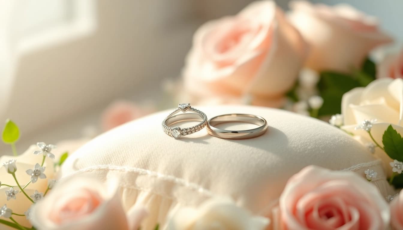 ローズに囲まれたクッションの上に優雅に展示された結婚指輪（結婚指輪）、ロマンスを強調