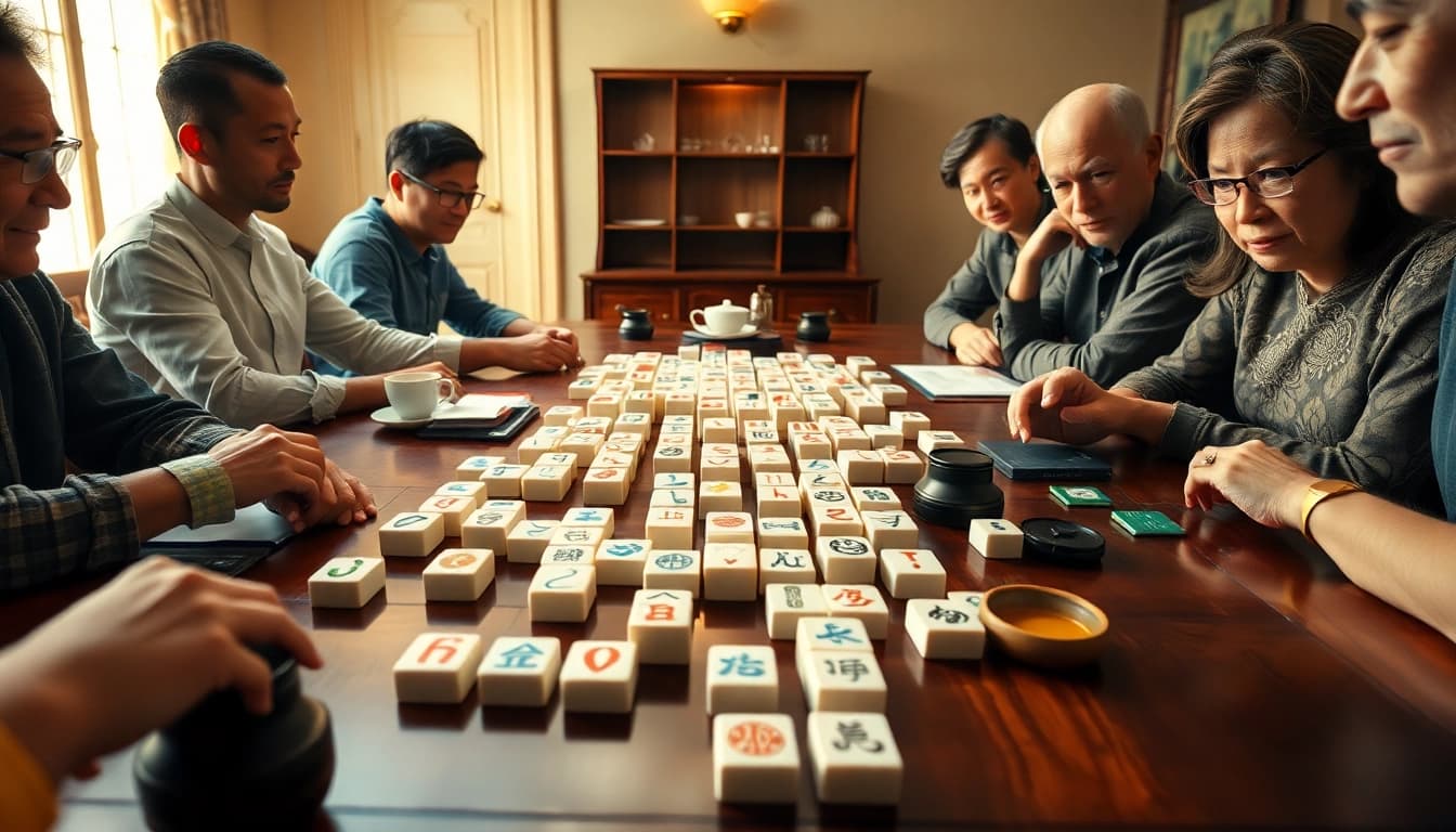 Permainan mahjong dengan ubin yang rumit dan suasana hangat, meningkatkan pengalaman bermain.