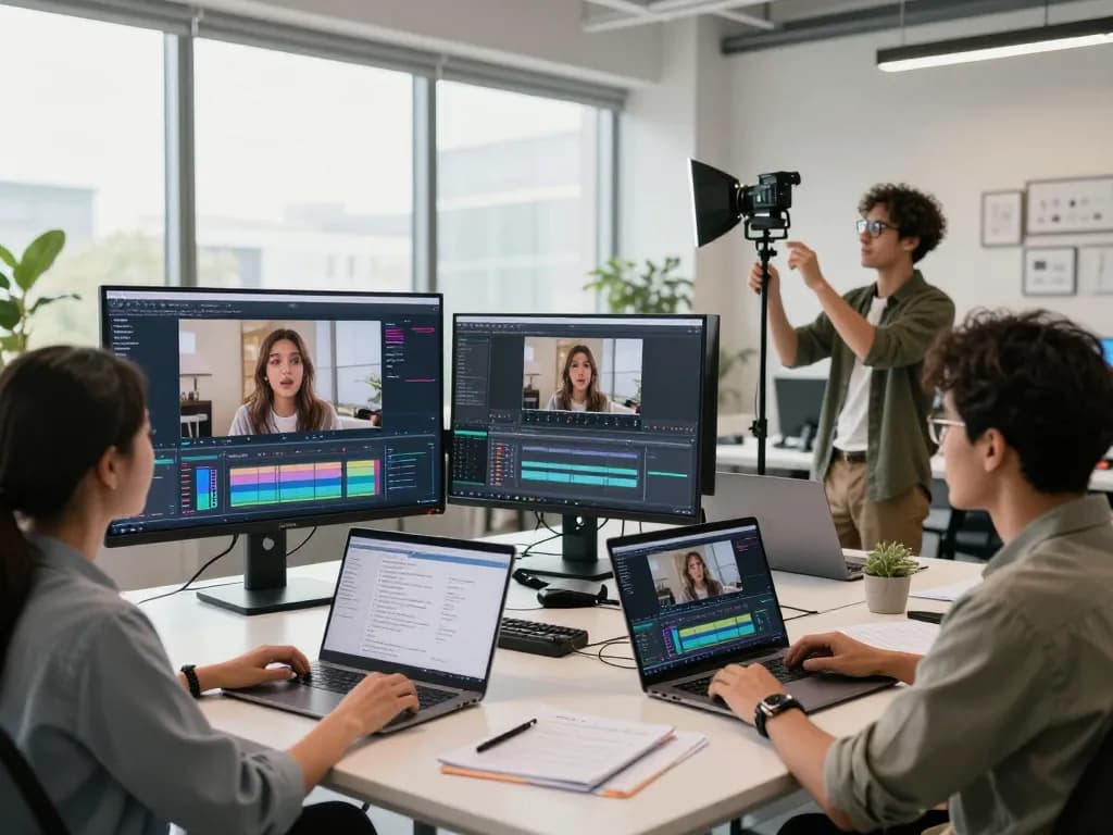 Creators collaborating on Seedance 2.0 AI video platform in modern office with screens and lighting equipment.