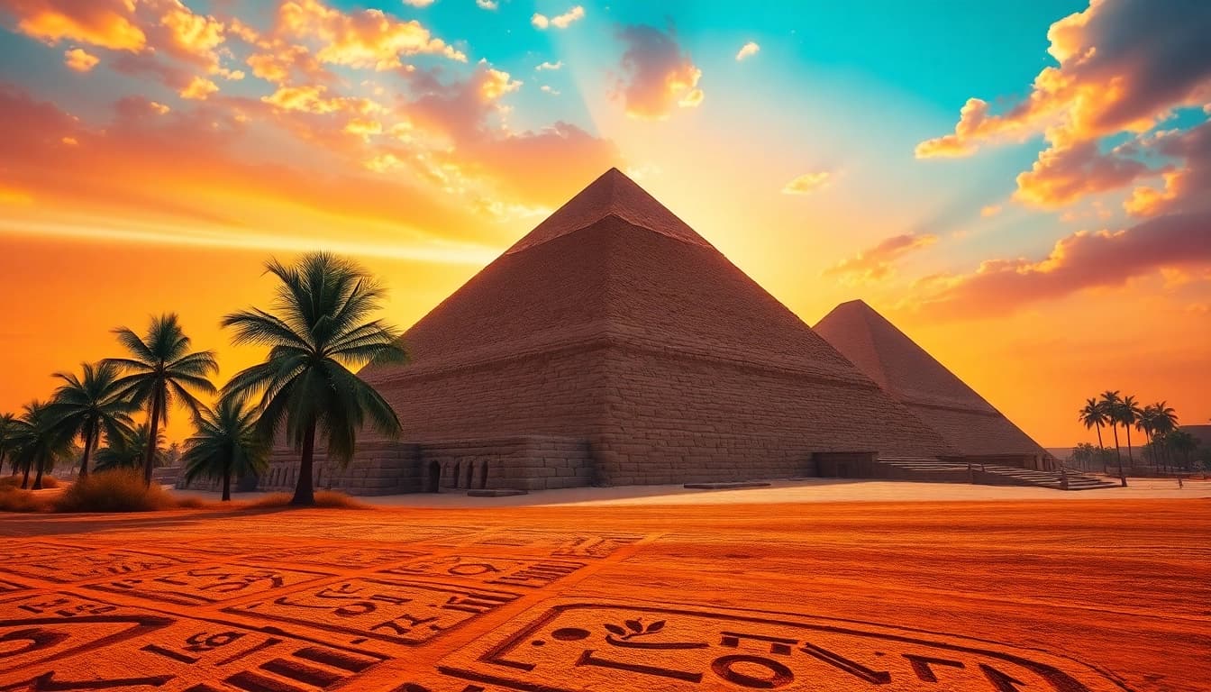 Explore the majestic piraminds against a colorful sunset, showcasing ancient history and grandeur.