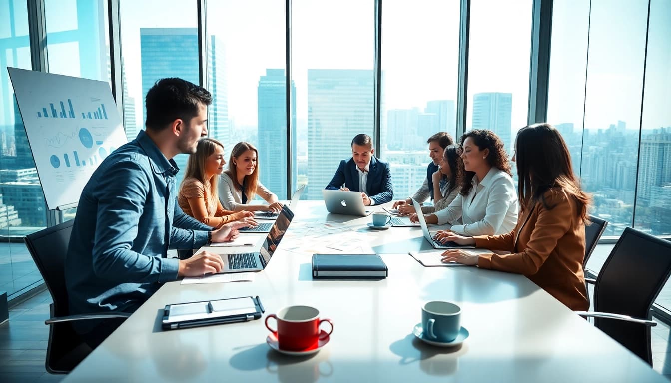 Engaged entrepreneurs discussing business for sale opportunities in a bright office.