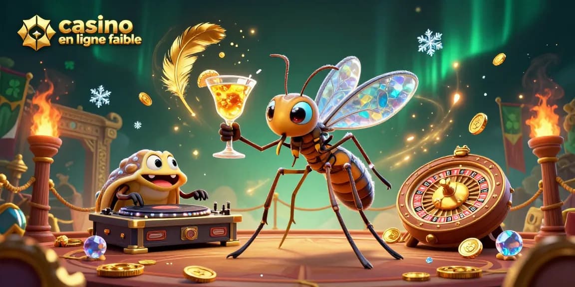 Admirez l'animation d'un casino en ligne fiable avec un moustique mascotte et un DJ trilobite