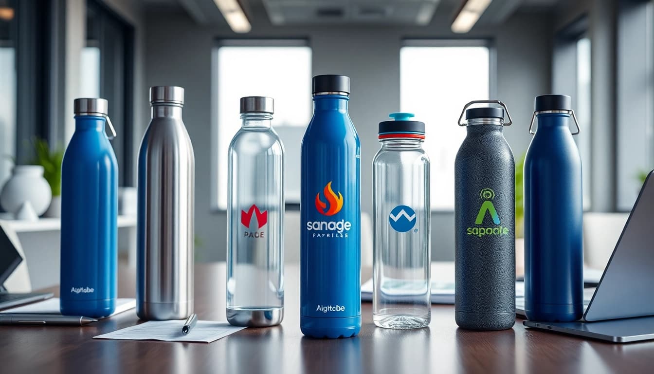 Gertuvės su logotipu rodomos modernioje biuro aplinkoje, demonstruojančios kokybišką dizainą ir personalizavimą.