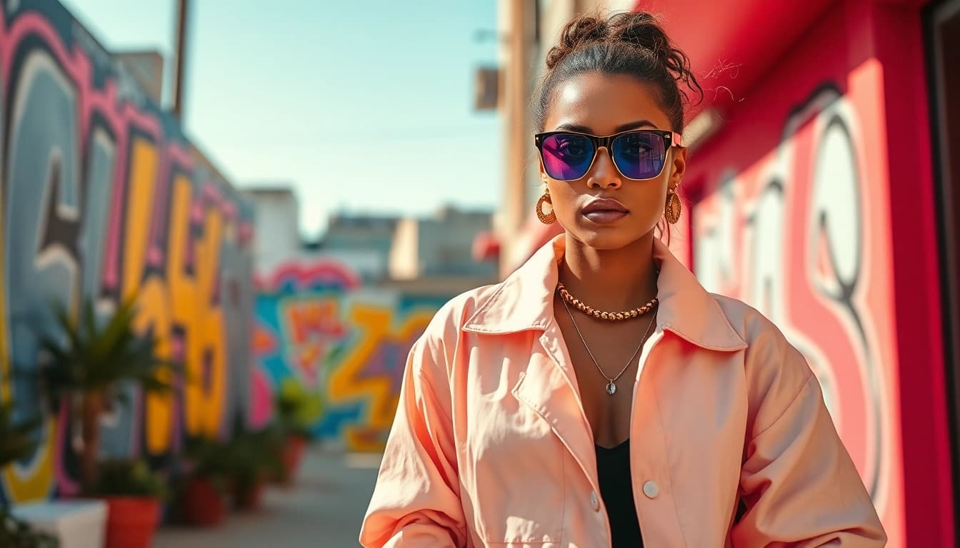Showcasing Fashion trends on a stylish model in an urban setting with vibrant colors.