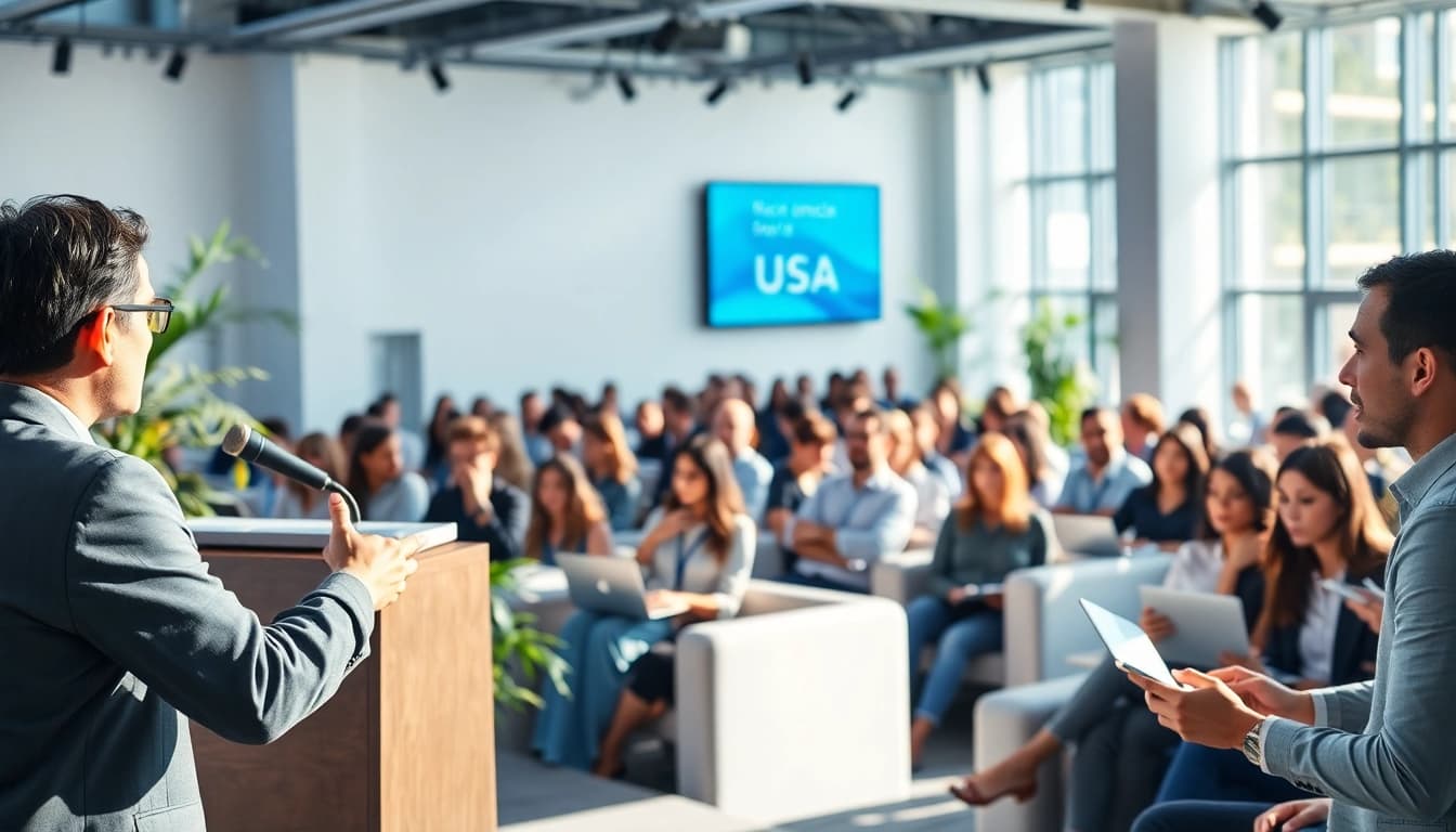 Engaging interaction at a technology conference USA featuring diverse professionals networking and learning.
