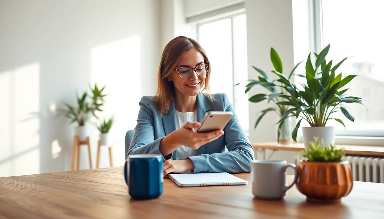 インスタ フォロワー 購入で解析するスマートフォンを持つプロフェッショナルな女性