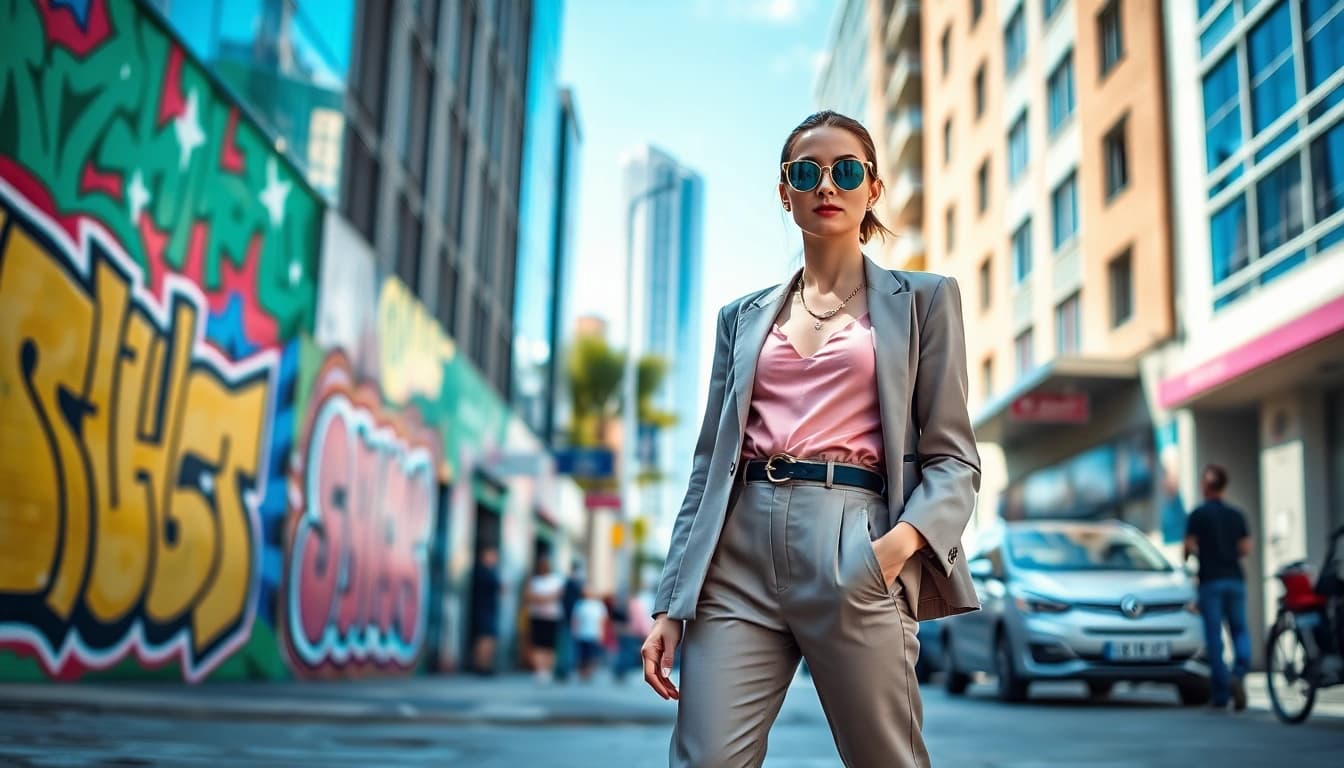 Model displaying stylish Women clothing in an urban setting with vibrant colors.