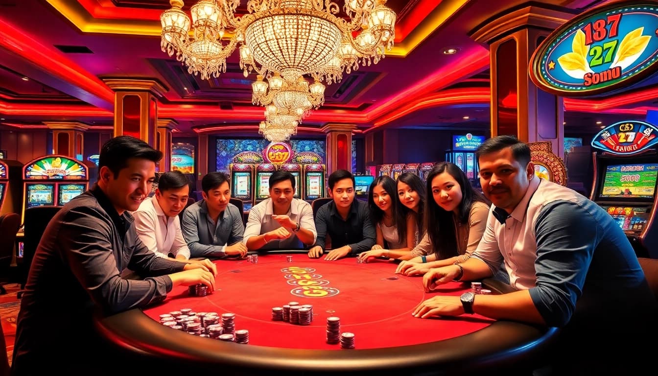 Players intensely enjoying a game bài at a luxurious casino table surrounded by vibrant gaming elements.