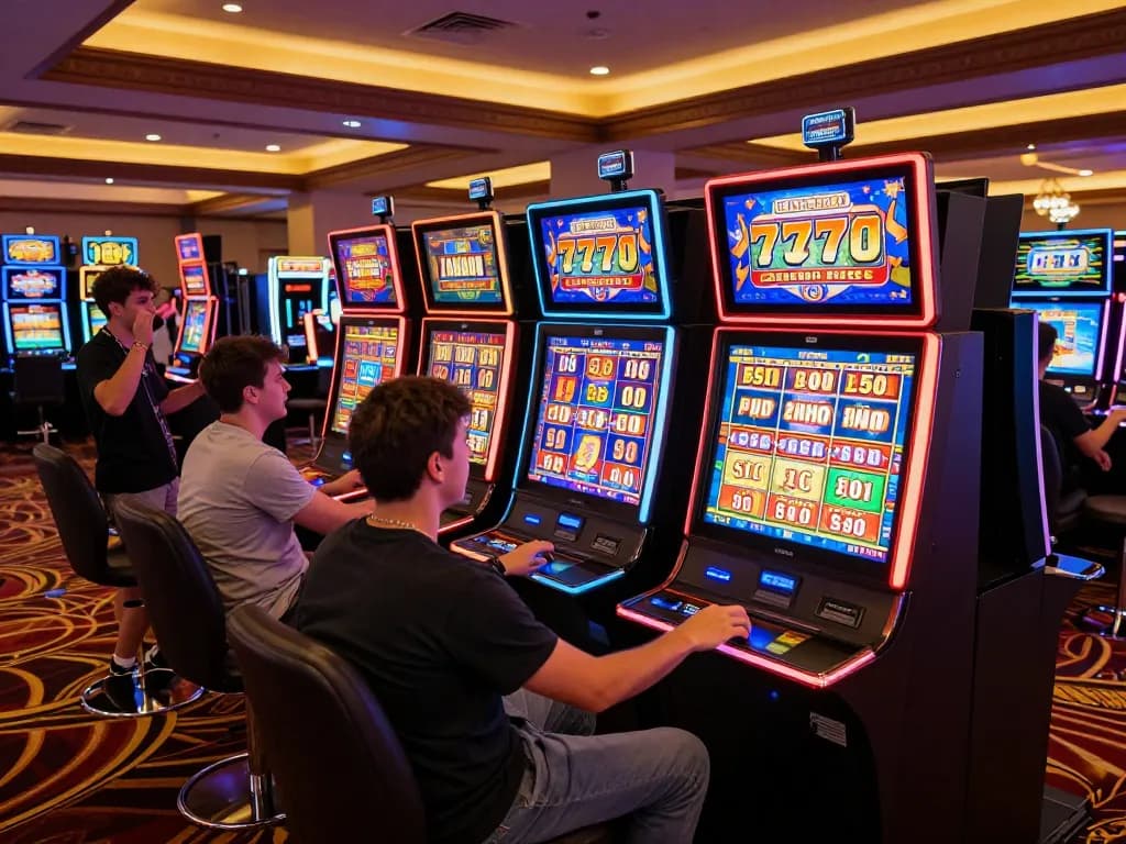 Players engaging with vibrant slot777 machines, showcasing excitement in a bustling casino atmosphere.