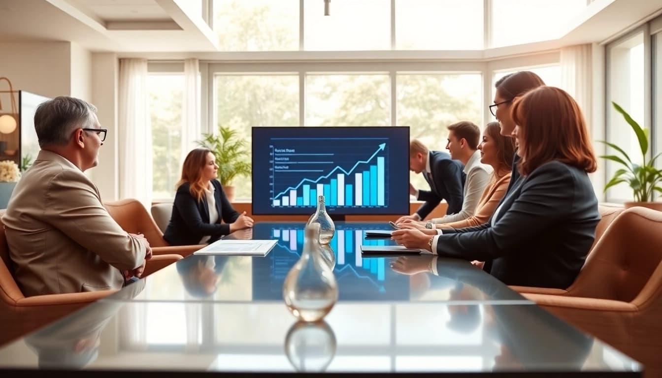 Financial advisors from legacy bridge financial group collaborating over investment growth strategies in a modern setting.