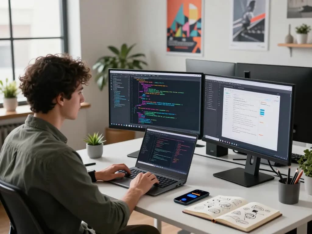 Developer using molt bot in a modern tech workspace with dual screens showing code and design.