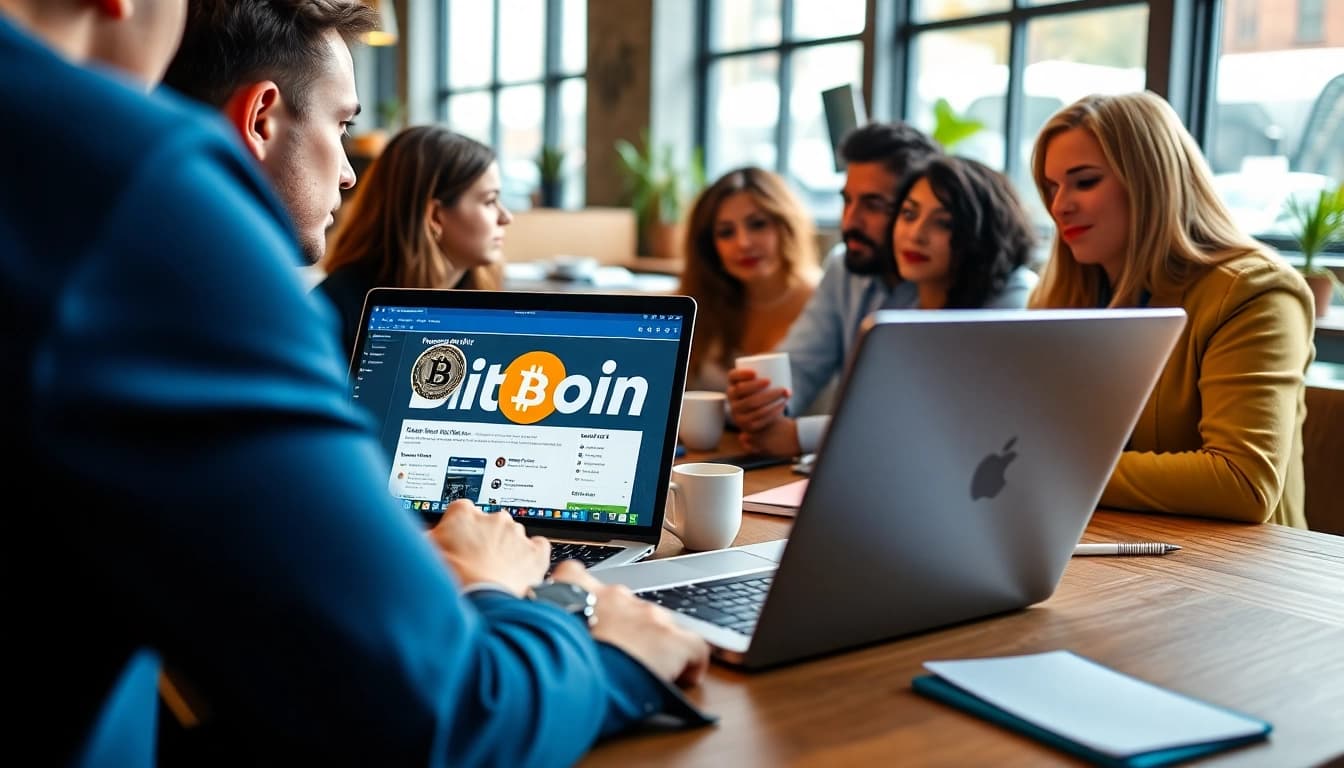 Engaged users discussing on bitcoin talk in a vibrant digital café environment.