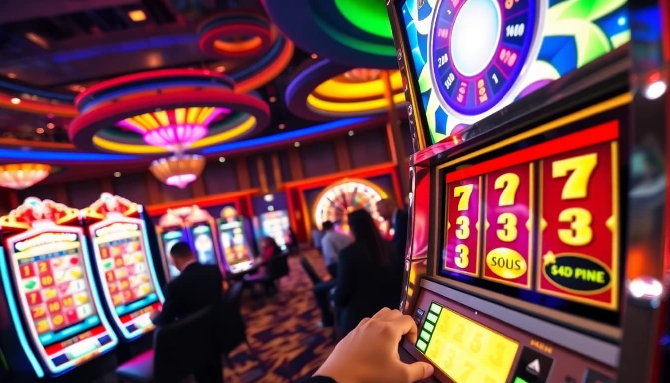 Kegembiraan bermain slot pulsa dengan mesin berwarna cerah dan pemain fokus di dalam suasana kasino mewah.