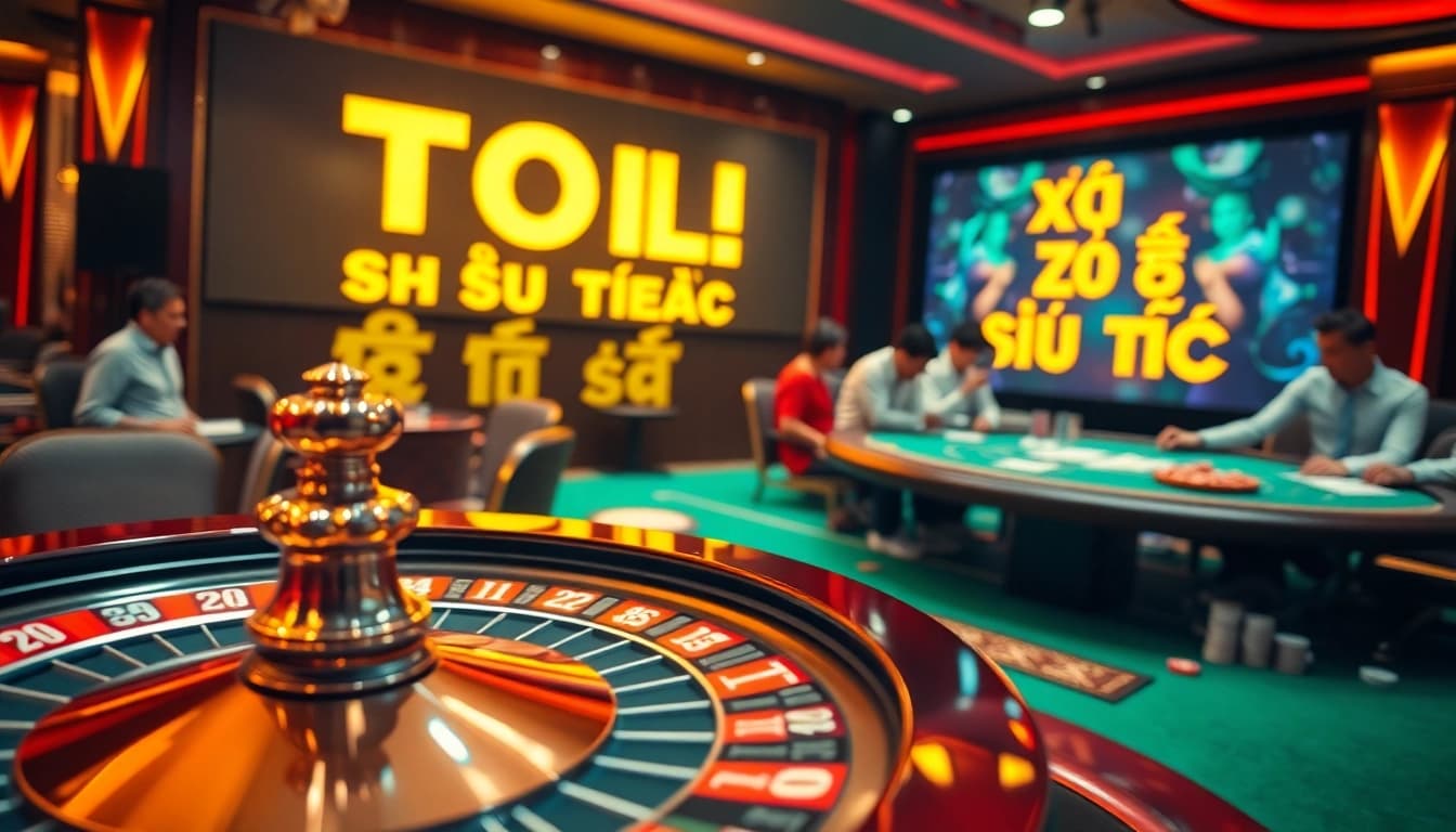 Experience the excitement of gambling with Tool xổ số siêu tốc at a vibrant casino scene.