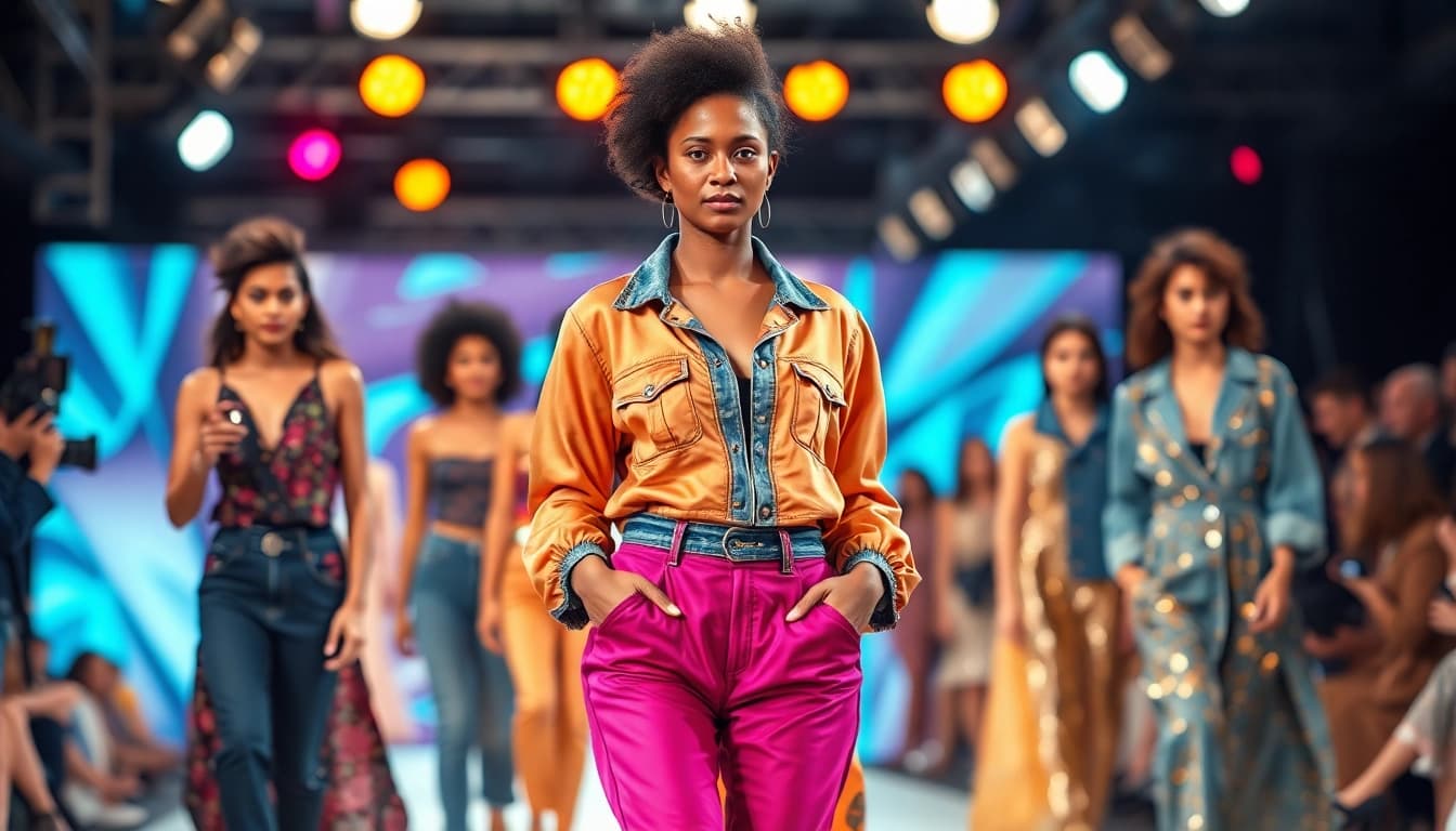 Fashion models showcasing vibrant outfits on a lively runway during a fashion show.