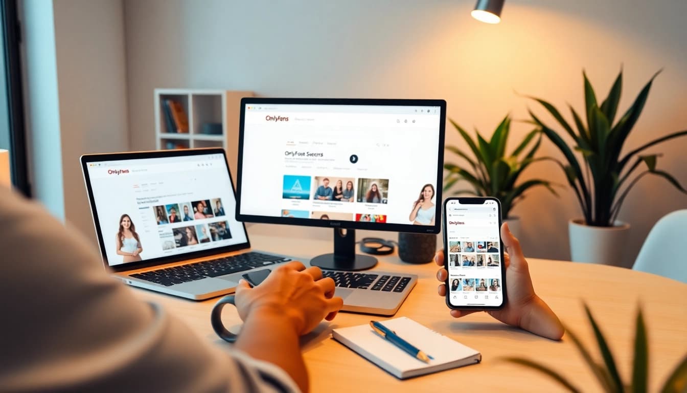 OnlyFans Search interface displayed on devices in a modern workspace, highlighting user engagement and privacy.
