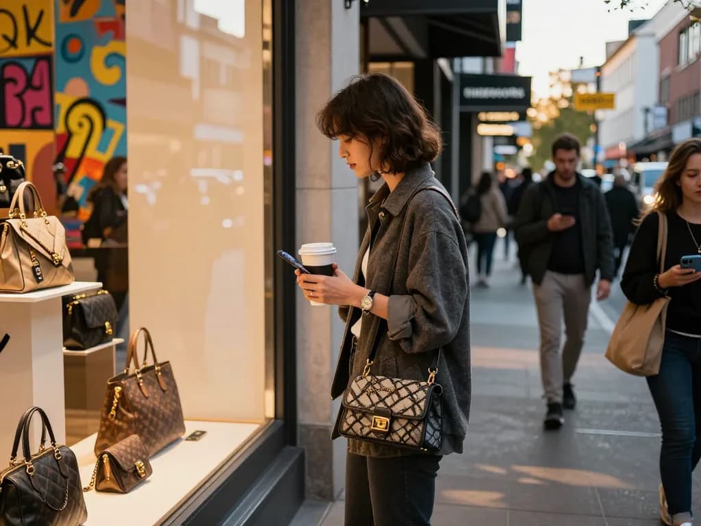 Fashionable individual exploring 레플리카 luxury products in a vibrant urban setting.