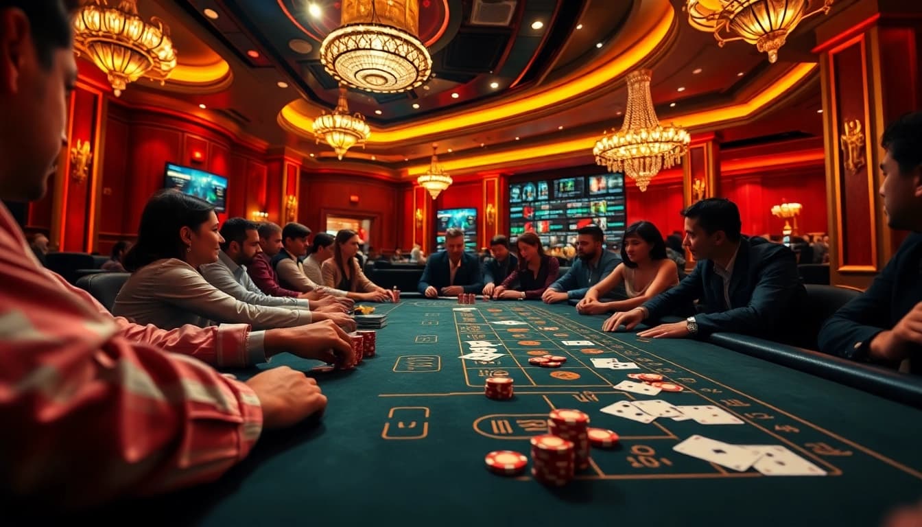 Exciting gaming atmosphere at 8Kbet featuring poker and baccarat tables.
