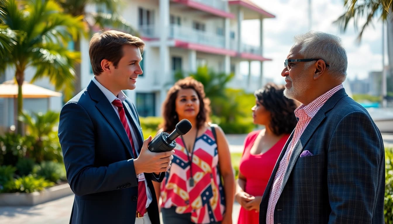 Engaging community journalism scene at https://kbindependent.org/ showcasing a journalist interviewing a local leader.